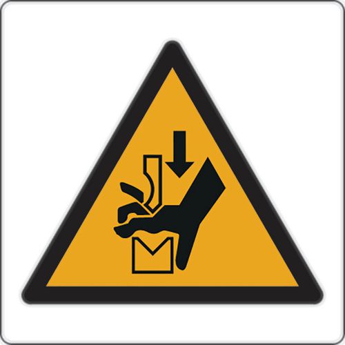 Warnschild - Quetschgefahr der Hand zwischen den Werkzeugen einer Presse - Aluminium