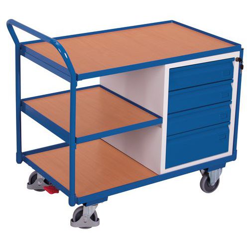 Ergonomischer Wagen mit 3 Holzplatten und Schubladenblock - Tragkraft 250 kg