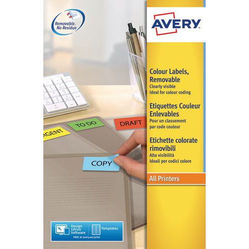 Neu positionierbare farbige Etiketten Avery - Bedruckbar mit Laser- und Tintenstrahldruckern sowie Kopierern