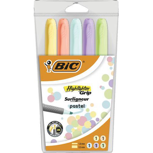Textmarker Highlighter Grip - Pastell - Etui mit 5 verschiedenen Farben - BIC