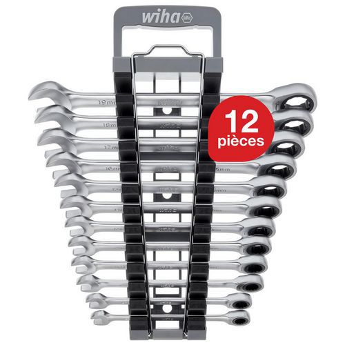 Satz mit 12 Ringmaulschlüsseln mit Ratsche und Halter ‑ Wiha