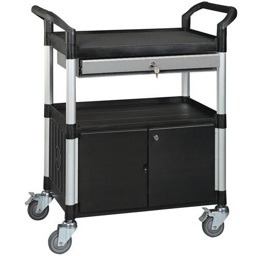 Polypropylen-Wagen - 3 Böden - Mit Schublade und verschlossenem Container - Tragkraft 250 kg