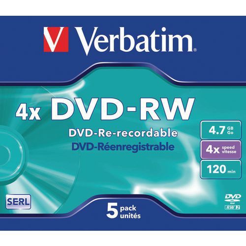 Wiederbeschreibbare DVD-RW, 4x – 5er-Pack Verbatim Wiederbeschreibbare DVD-RW, 4x – 5er-Pack Verbatim