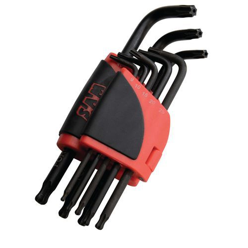 Halter mit 8 Stiftschlüsseln, lang mit Torx®- und Resistorx®-Kugelkopf. Halter mit 8 Stiftschlüsseln, lang mit Torx®- und Resistorx®-Kugelkopf.