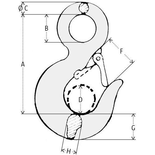 A = Höhe über allesB = Ø ÖseC = ØD = Ø HakenF = ÖffnungG = Höhe HakenH = Dicke