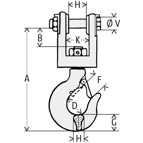 A = GesamthöheB = NutzhöheD = Ø HakenF = ÖffnungG = Höhe HakenH = NutzbreiteV= Ø