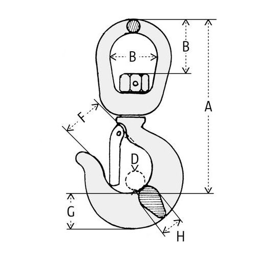 A = GesamthöheB = NutzbreiteD = Durchmesser HakenF = ÖffnungG = Höhe HakenH = Dicke
