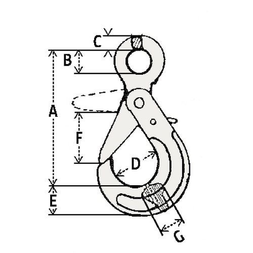 A = Höhe über allesB = Ø ÖseC = ØD = Ø HakenE = Höhe HakenF = ÖffnungG = Dicke
