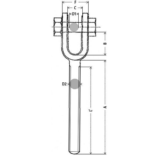 A= Länge StangeB = InnenhöheC = InnenbreiteD1 = Ø BolzenD2 = Schnitt GewindeL = Länge Gewinde