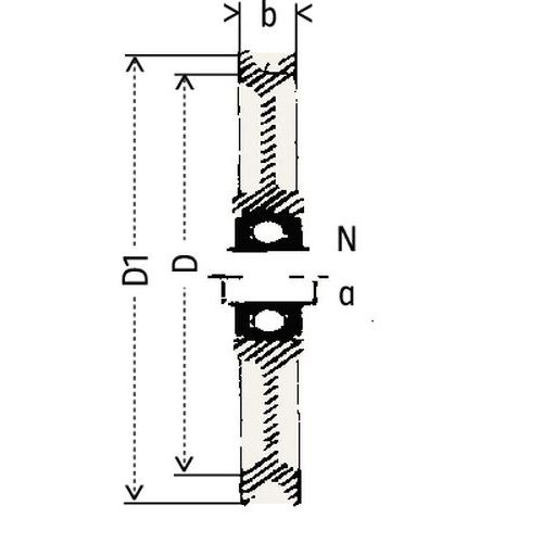 D1 = Flaschebzug ØD = Rillenbodendurchmesserb = SeilscheibenbreiteN = Nabenbreitea = Nabe Ø