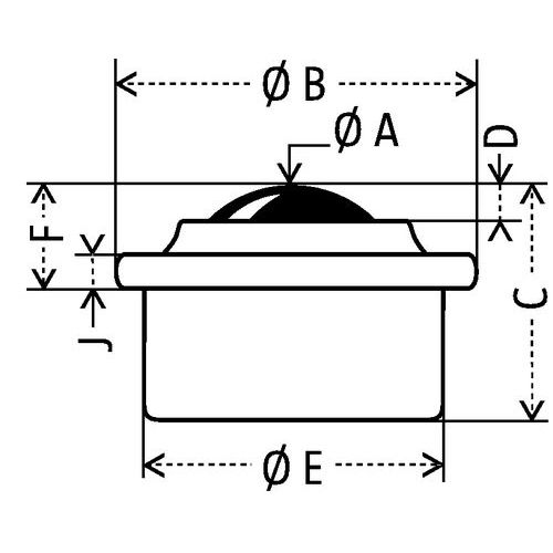 Kugel Gehäuse aus tiefgezogenem Stahl- Ø A: Kugel Ø- Ø B: Gesamt-Ø - C: Gesamthöhe - D: Überstand der Kugel- Ø E: Ø nutzbar- F: Gesamtüberstand- J: Plattendicke