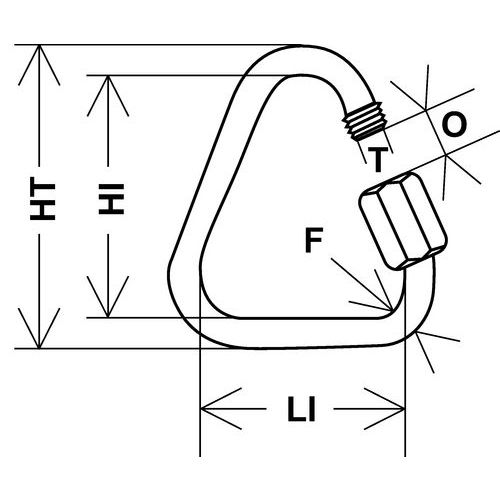 F = Querschnitt ØHI = Höhe innenHT = Höhe über allesLI = Breite innenØT = Gewinde ØO = Öffnung