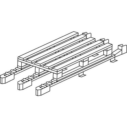 Rollbahn mit 3 Leisten auf Stützelement + Bremsen + feste Anschläge für Paletten mit 3 Kufen