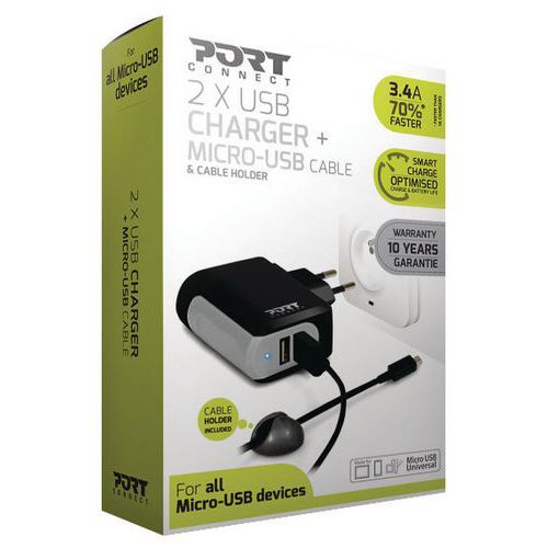 Ladegerät mit 2 USB-Anschlüssen und Mikro-USB-Kabel - Port connect