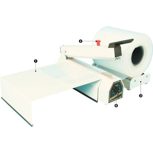 1 - Arbeitsplatte (optional)2 - Messer für Schweißgerät3 - Spulenabroller (optional)4 - Zeitschaltsteuerung für Schweißgerät